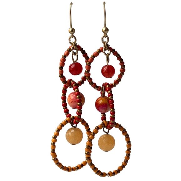 Vintage 1990s Chico’s Beaded Loop Dangle Earrings Red Orange Brass Statement - Picture 4 of 6